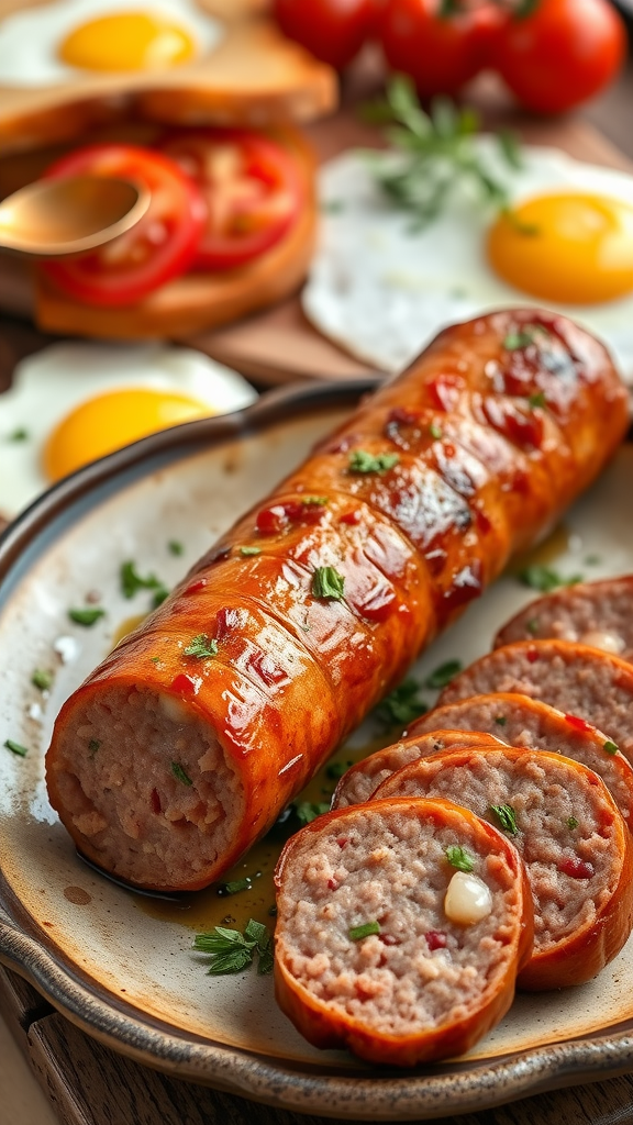 Traditional Scottish Square Sausage Recipe A rustic plate with golden-brown square sausage, sliced and garnished with herbs, alongside a hearty breakfast spread.